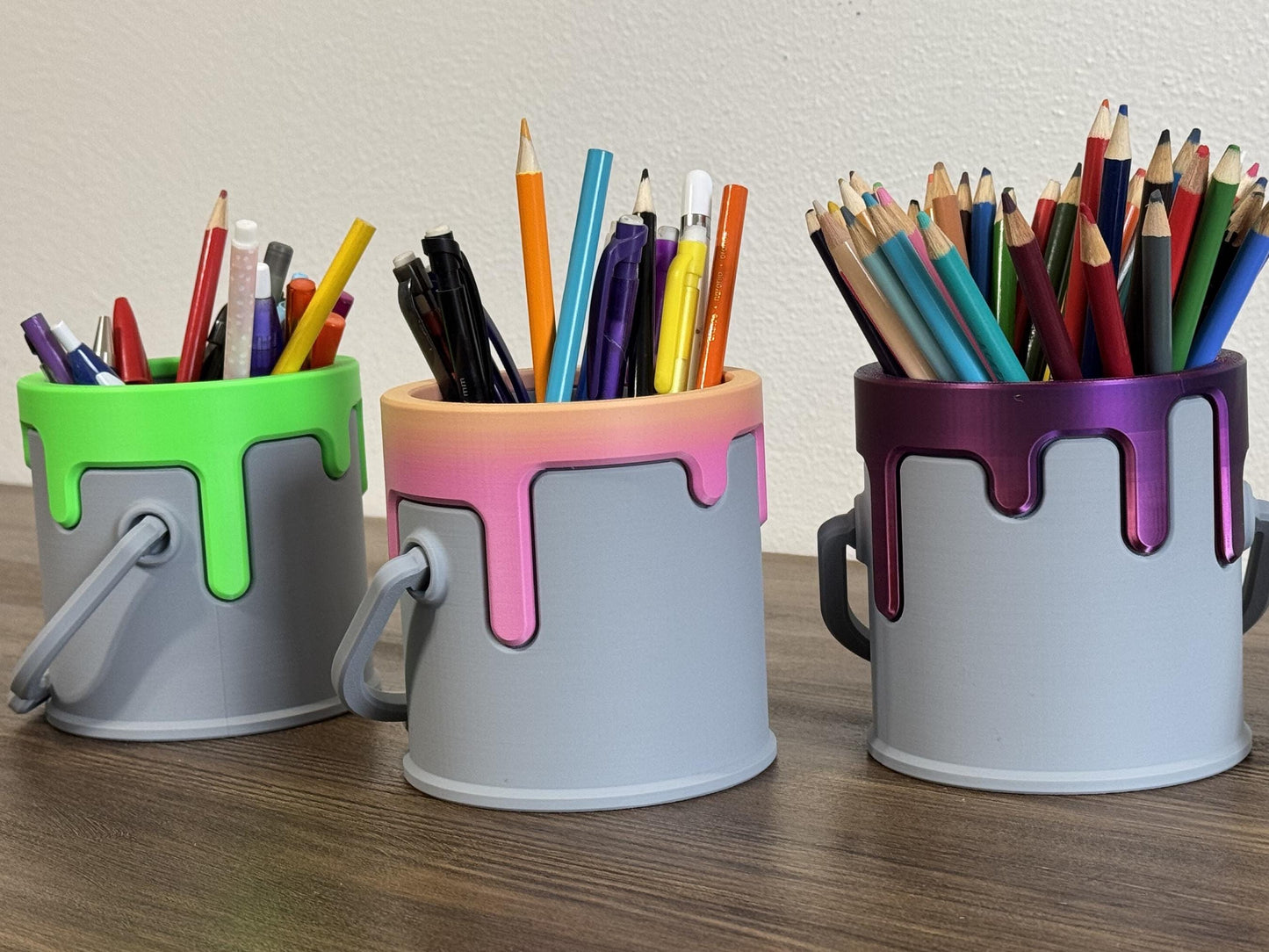 Drippy Paint bucket pencil holder w/removeable slotted insert, Office Accessory, Artist Desk organizer, Paint Pen Holder, Desk Decor