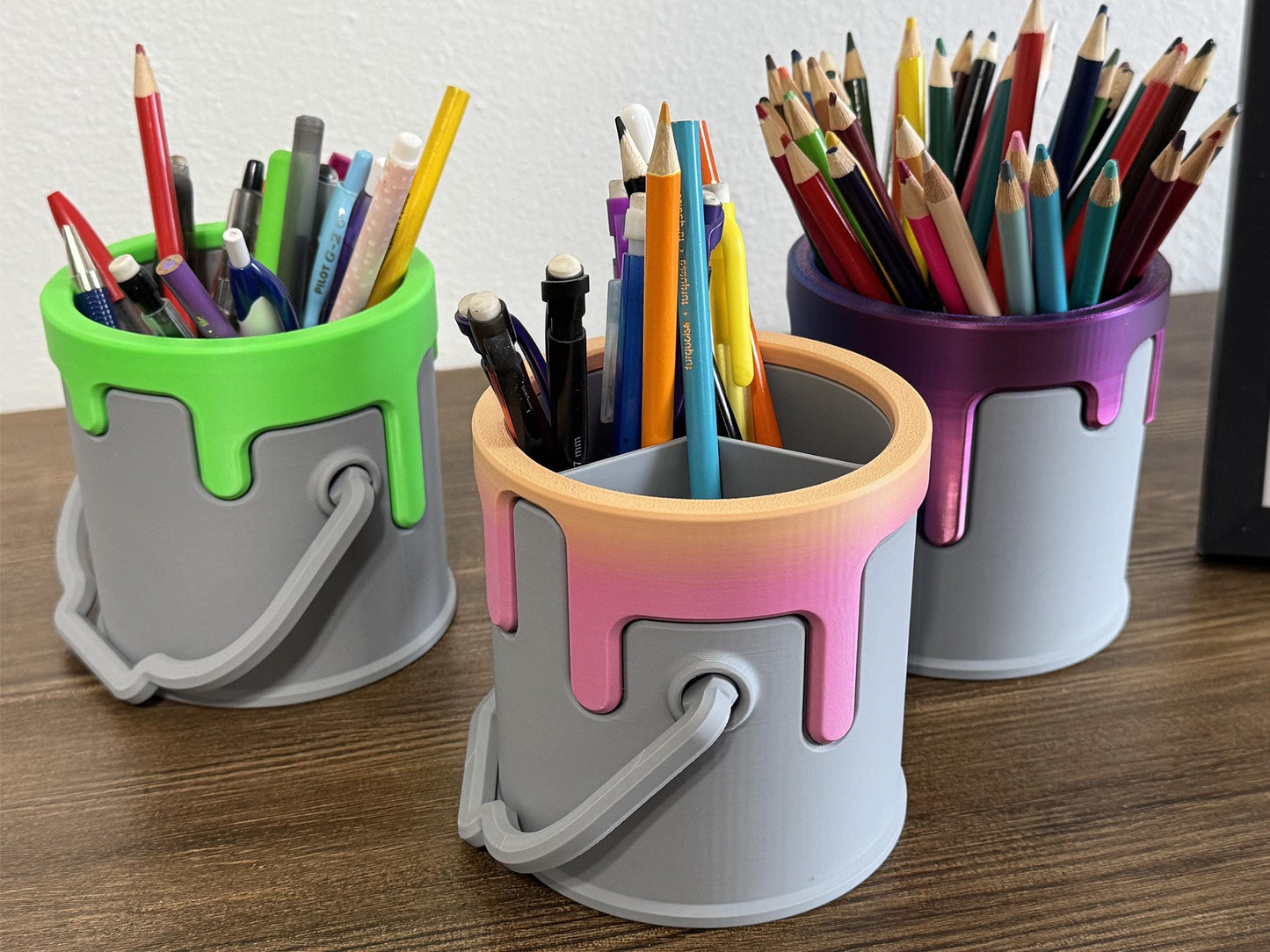 Drippy Paint bucket pencil holder w/removeable slotted insert, Office Accessory, Artist Desk organizer, Paint Pen Holder, Desk Decor