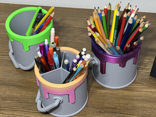 Drippy Paint bucket pencil holder w/removeable slotted insert, Office Accessory, Artist Desk organizer, Paint Pen Holder, Desk Decor