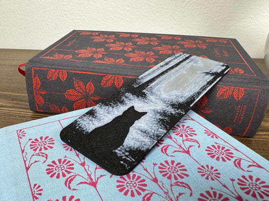 Whiskers in the Mist – Grayscale Forest Cat Bookmark | Moody Hueforge Art for Readers & Cat Lovers