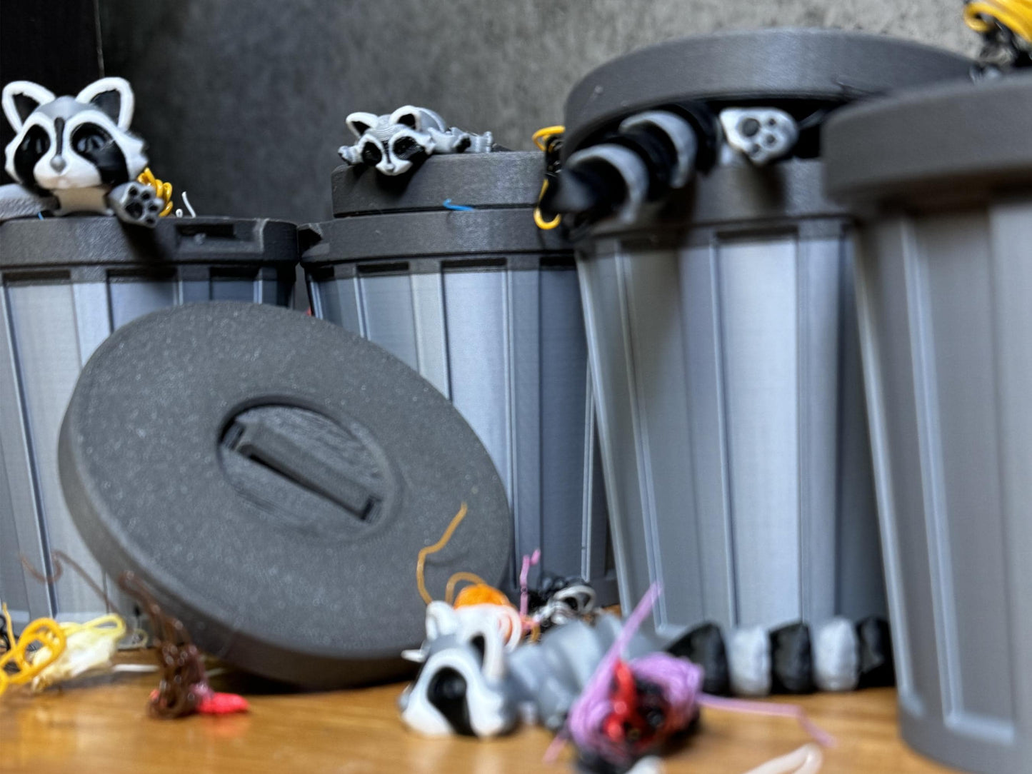 3D Printed Cuddly Articulating Trash Pandas (2 Count) with Locking Garbage can and Trash, Stress Toy, Mini Animals, Fun for Kids and Adults