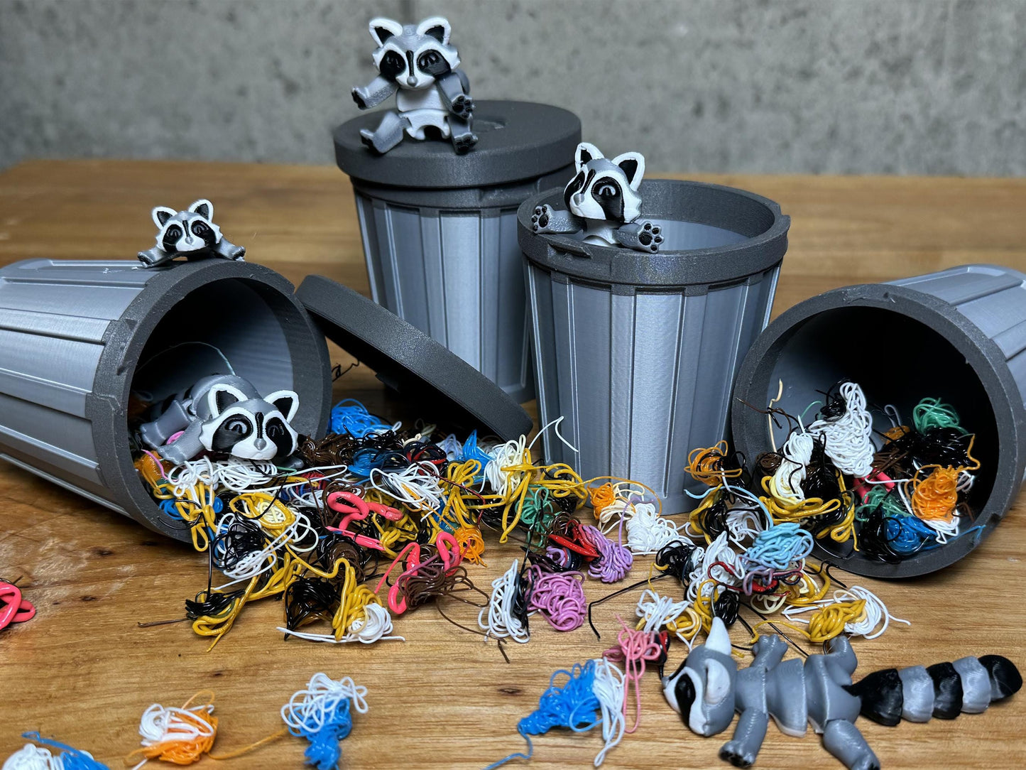 3D Printed Cuddly Articulating Trash Pandas (2 Count) with Locking Garbage can and Trash, Stress Toy, Mini Animals, Fun for Kids and Adults