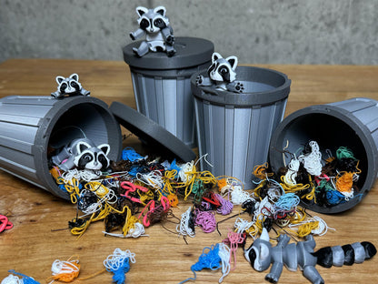 3D Printed Cuddly Articulating Trash Pandas (2 Count) with Locking Garbage can and Trash, Stress Toy, Mini Animals, Fun for Kids and Adults