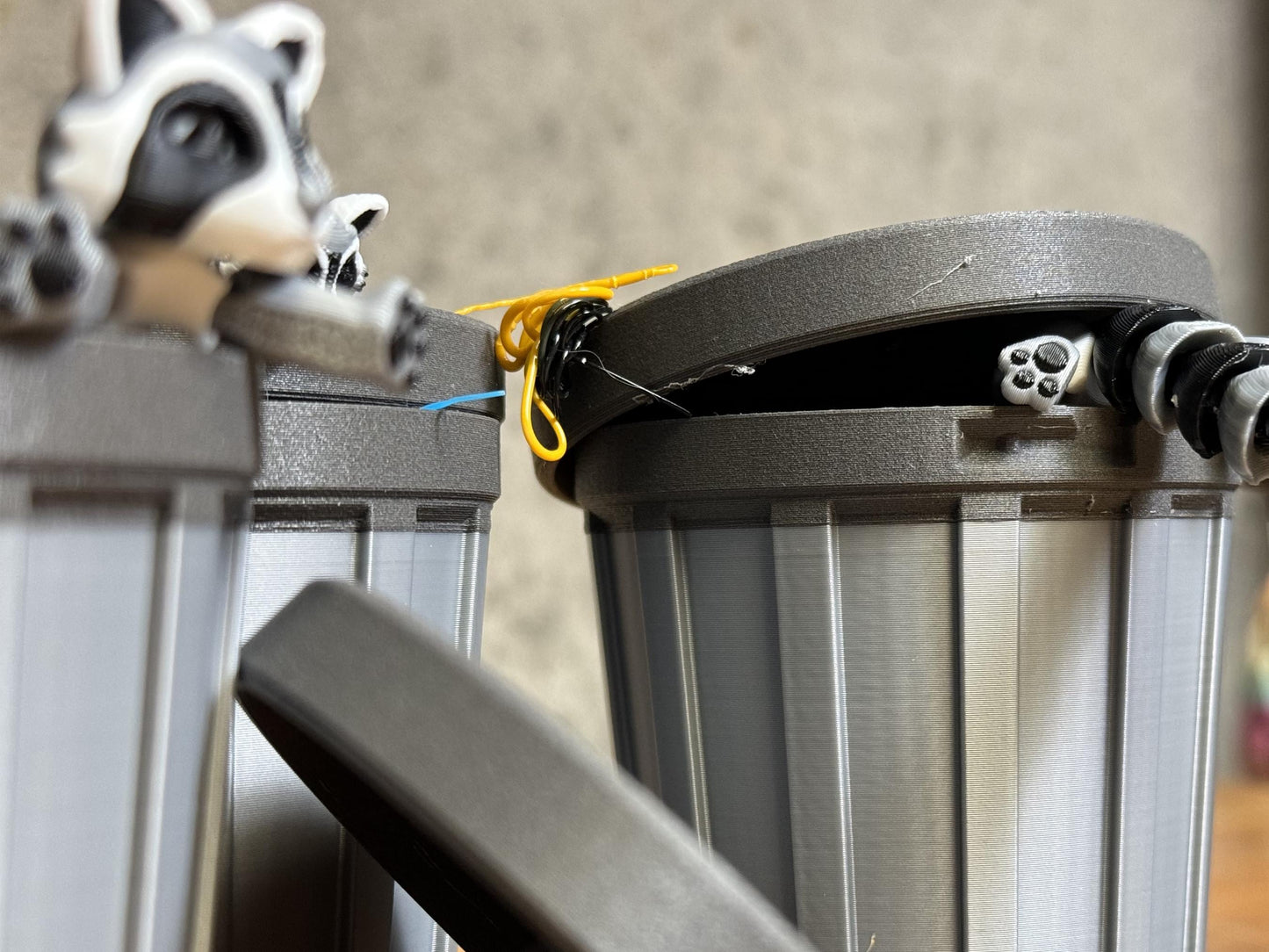 3D Printed Cuddly Articulating Trash Pandas (2 Count) with Locking Garbage can and Trash, Stress Toy, Mini Animals, Fun for Kids and Adults