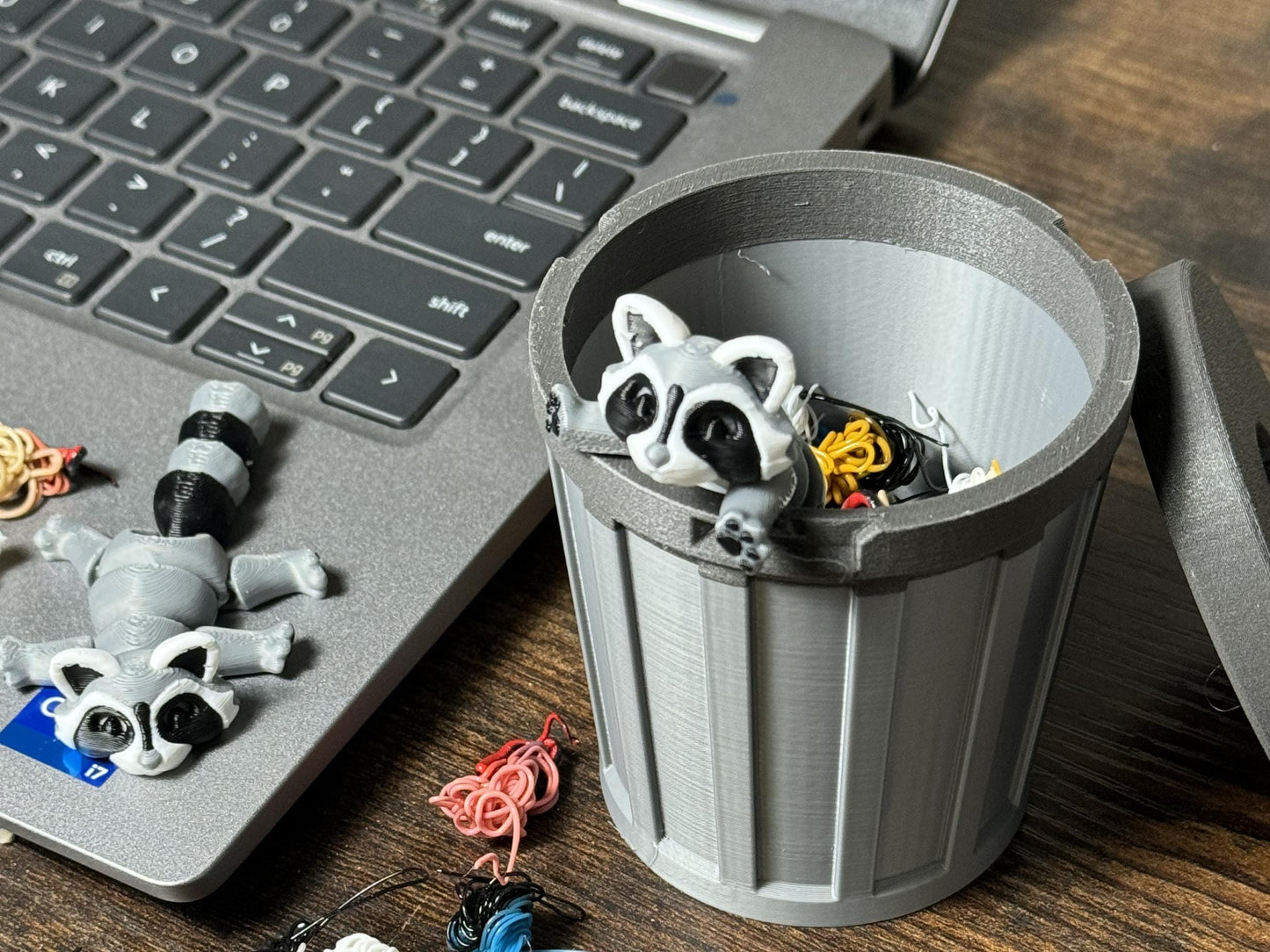 3D Printed Cuddly Articulating Trash Pandas (2 Count) with Locking Garbage can and Trash, Stress Toy, Mini Animals, Fun for Kids and Adults