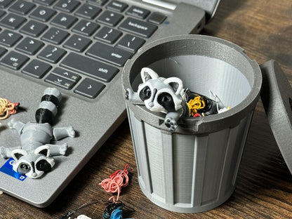 3D Printed Cuddly Articulating Trash Pandas (2 Count) with Locking Garbage can and Trash, Stress Toy, Mini Animals, Fun for Kids and Adults