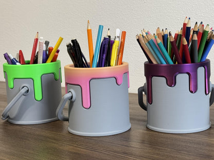 Drippy Paint bucket pencil holder w/removeable slotted insert, Office Accessory, Artist Desk organizer, Paint Pen Holder, Desk Decor