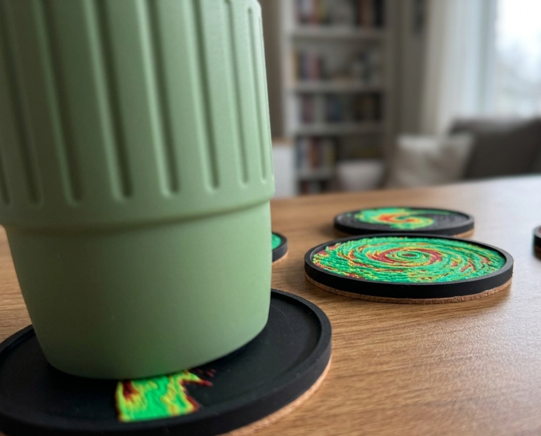 Weather Themed Coaster Set, Tornado Radar Coasters with Holder, Hurricane Storm Decor, Meteorologist Gift, Storm Chaser Desk Accessories