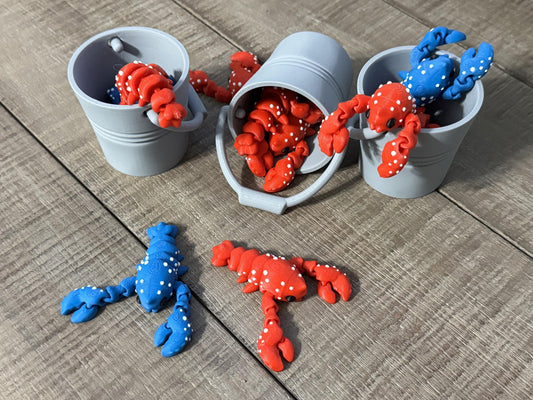 Pocket Pet Lobster Fidget Toy with bucket, Articulating Fidget Toys, 3D Printed, Toy Decor, School