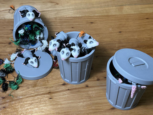 3D Printed Cute  Articulating Opossums (2Count) with Locking Trash Can  - Adorable and Functional Miniature Set, Desk Toys, Stress relief,