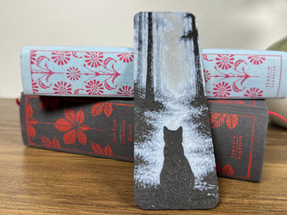 Whiskers in the Mist – Grayscale Forest Cat Bookmark | Moody Hueforge Art for Readers & Cat Lovers