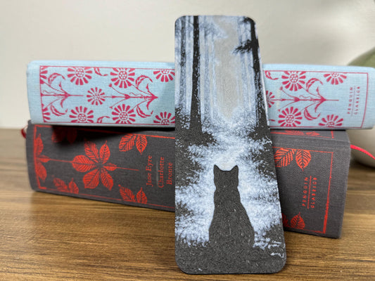 Whiskers in the Mist – Grayscale Forest Cat Bookmark | Moody Hueforge Art for Readers & Cat Lovers