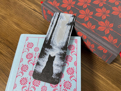 Whiskers in the Mist – Grayscale Forest Cat Bookmark | Moody Hueforge Art for Readers & Cat Lovers